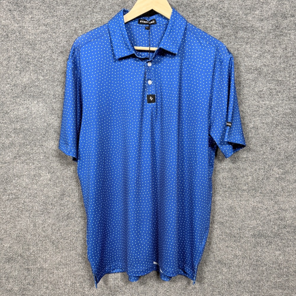 BYRD‎ GANG Mens Size Large Polo Shirt Golf Blue Polka Dot UPF 50 Performance